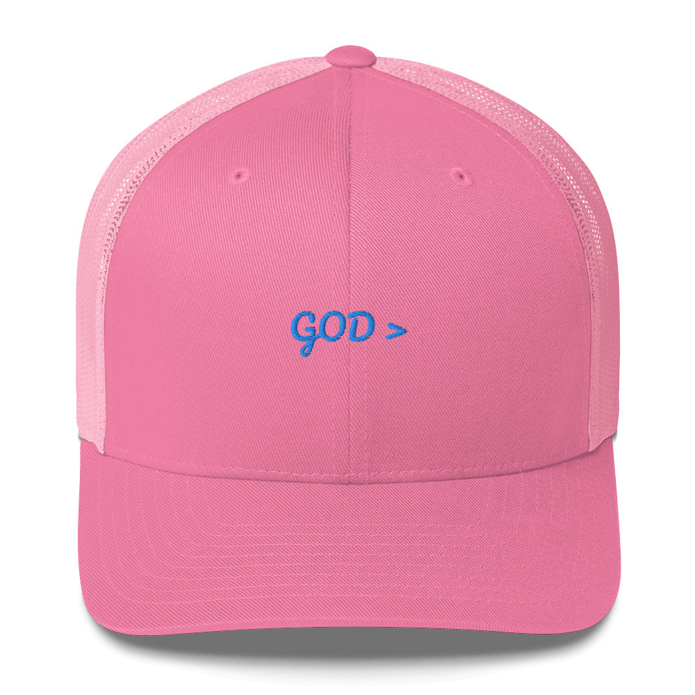 God is > Greater Than Anything Christian Trucker Cap
